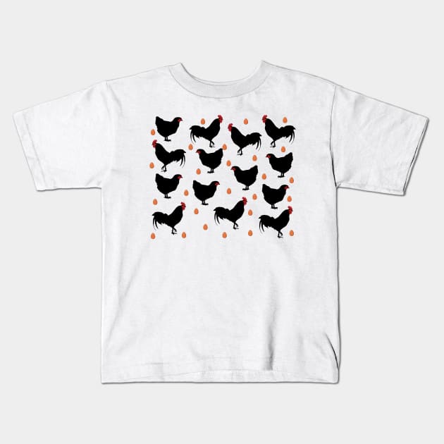 Chickens, cockerels and eggs on white Kids T-Shirt by ownedandloved